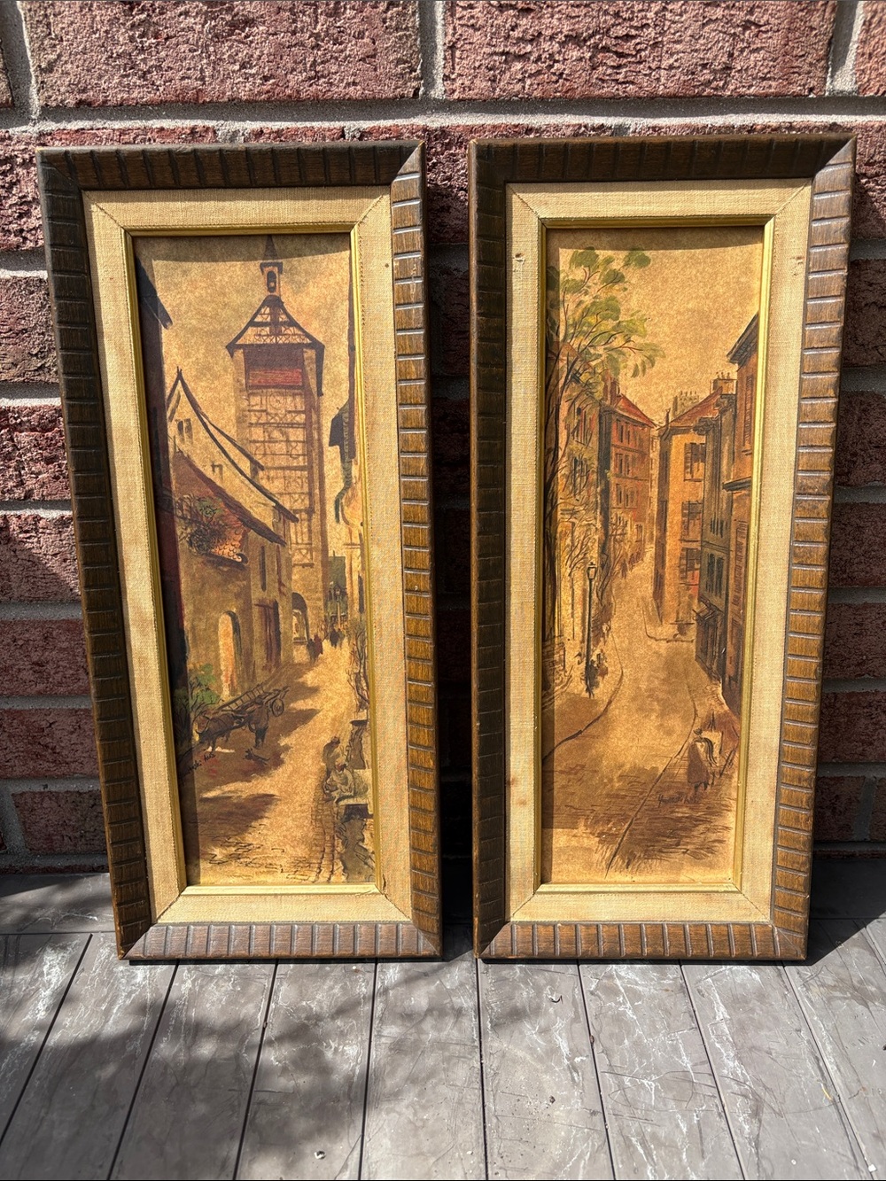 Vintage Mid-Century European Street Scene Framed Prints in Brown & Gold Set of 2